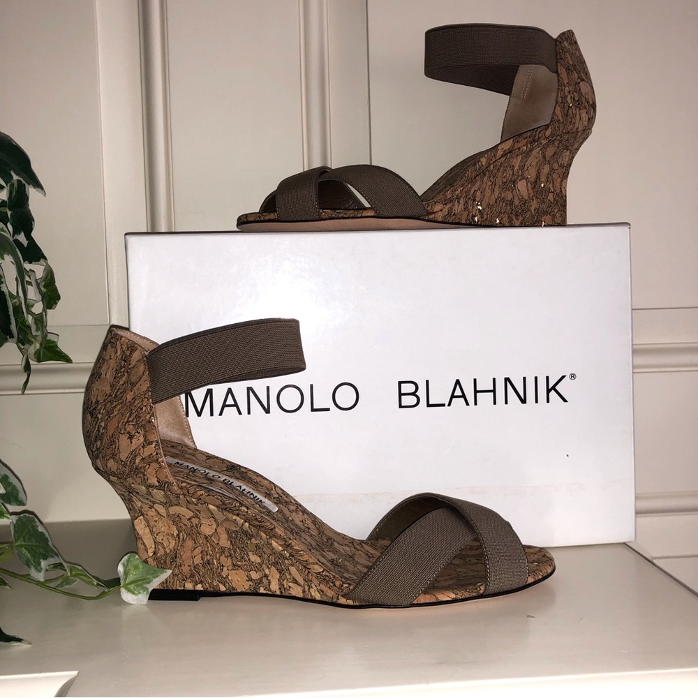 Manolo Blahnik Taupe Wedge Elastic Strap Espadrilles New Size 38